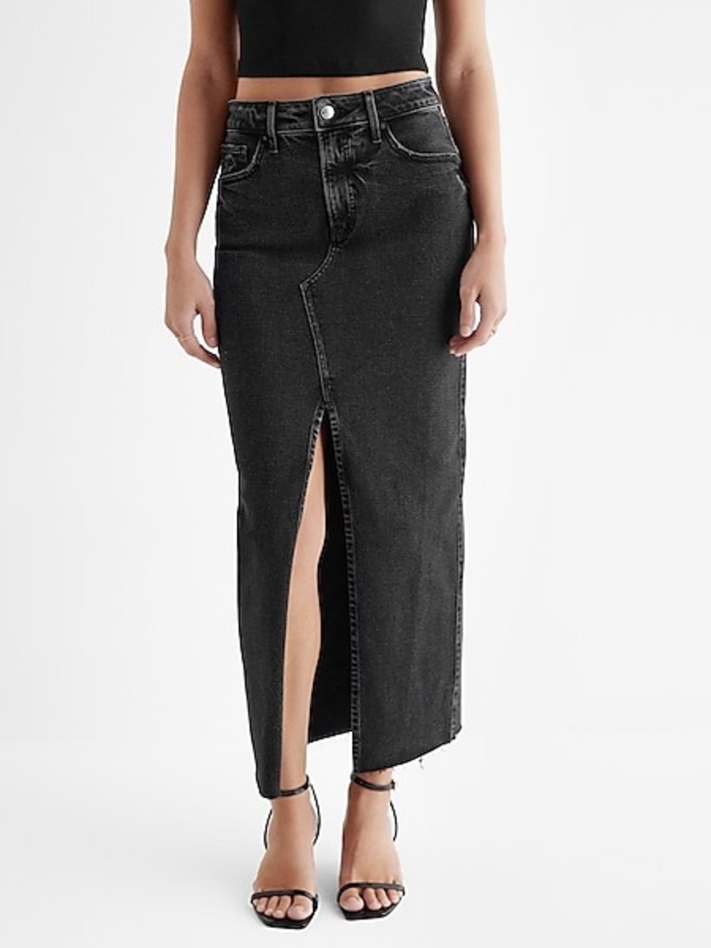 Express High Waisted Black Raw Hem Front Slit Maxi Denim Skirt size 8